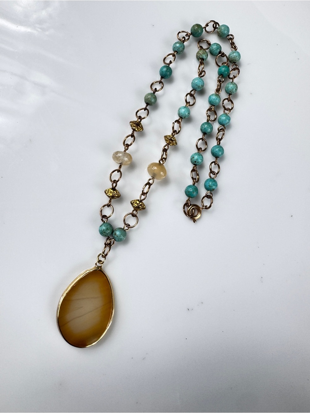 Handcrafted Turquoise Bead and Golden Agate Pendant Necklace - Picture 2 of 6